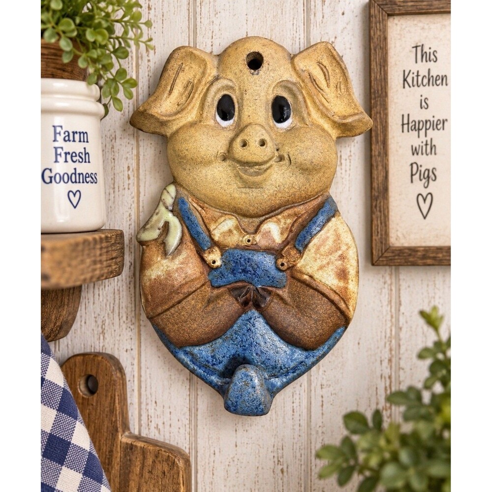 Vintage Pig Wall Plaque Ceramic Farmhouse Country Kitchen Decor Blue Rustic Hook
